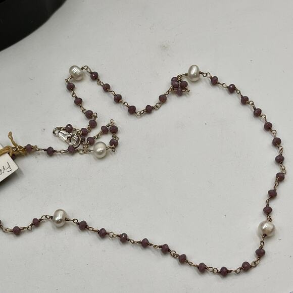 Sterling Silver White Freshwater Pearl Amethyst Beaded Single strand Necklace - Picture 10 of 11